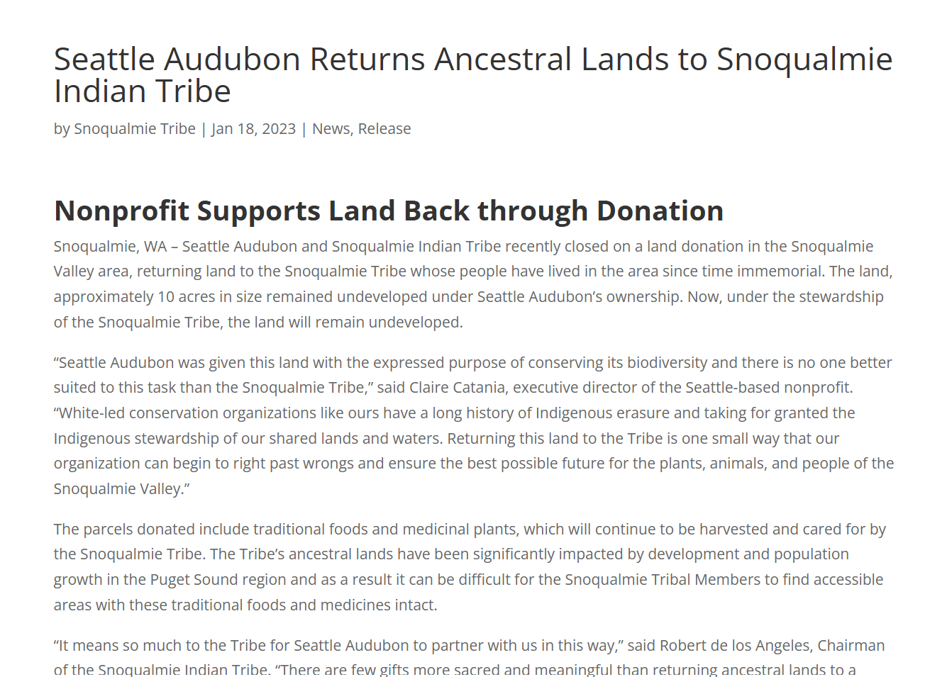 Seattle Audubon Returns Ancestral Lands to Snoqualmie Indian Tribe