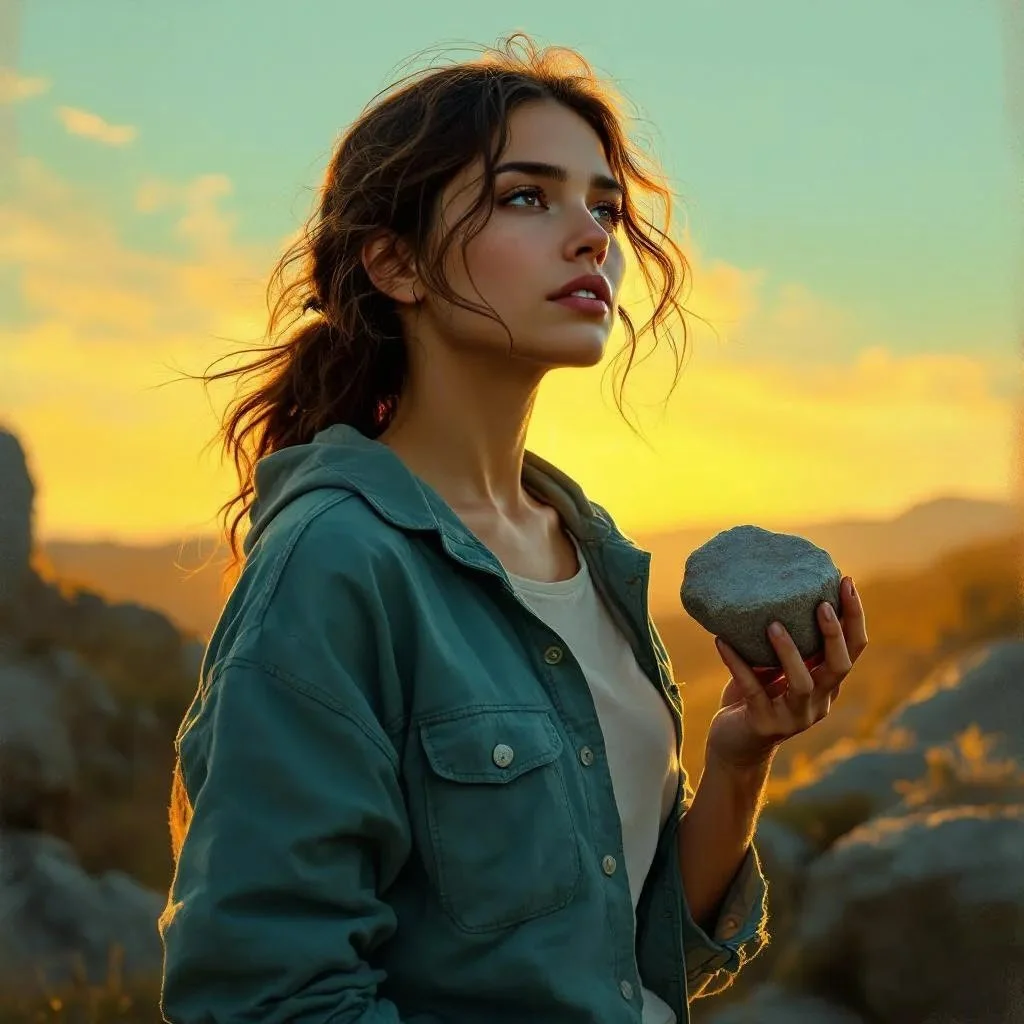 A young woman with wavy hair, wearing a green jacket, holding a rock, looking into the distance during sunset with a colorful sky and rocky landscape behind her.
