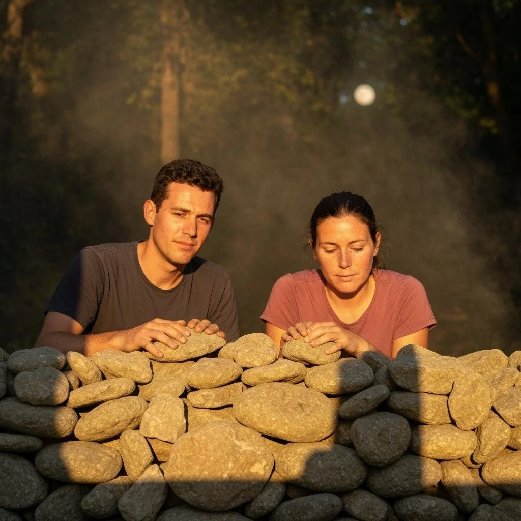 A man and a woman are laying stones on a stone wall outdoors during sunset or dawn, with a forest and the moon visible in the background.