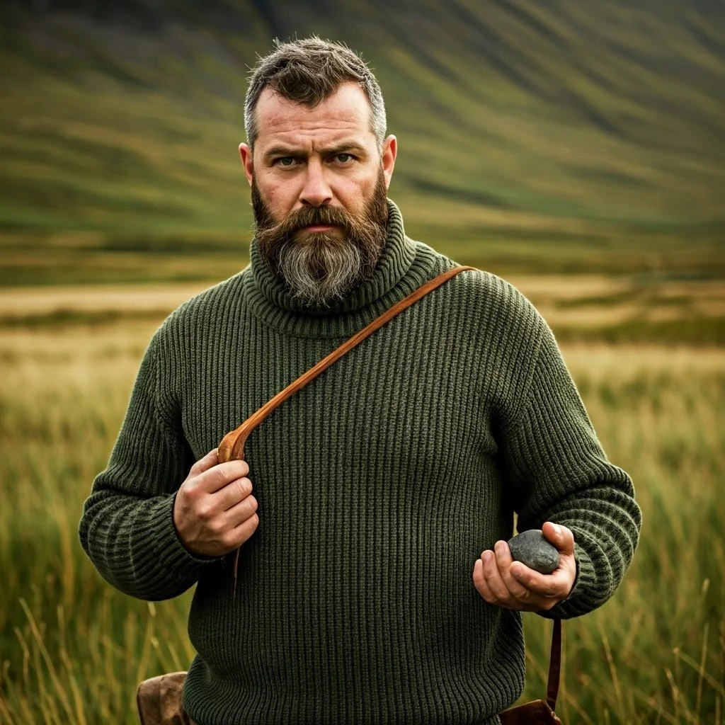 A man with a beard and mustache wearing a dark green ribbed turtleneck sweater standing in a grassy field with blurred green hills in the background, holding a stone in one hand and a leather strap over his shoulder.