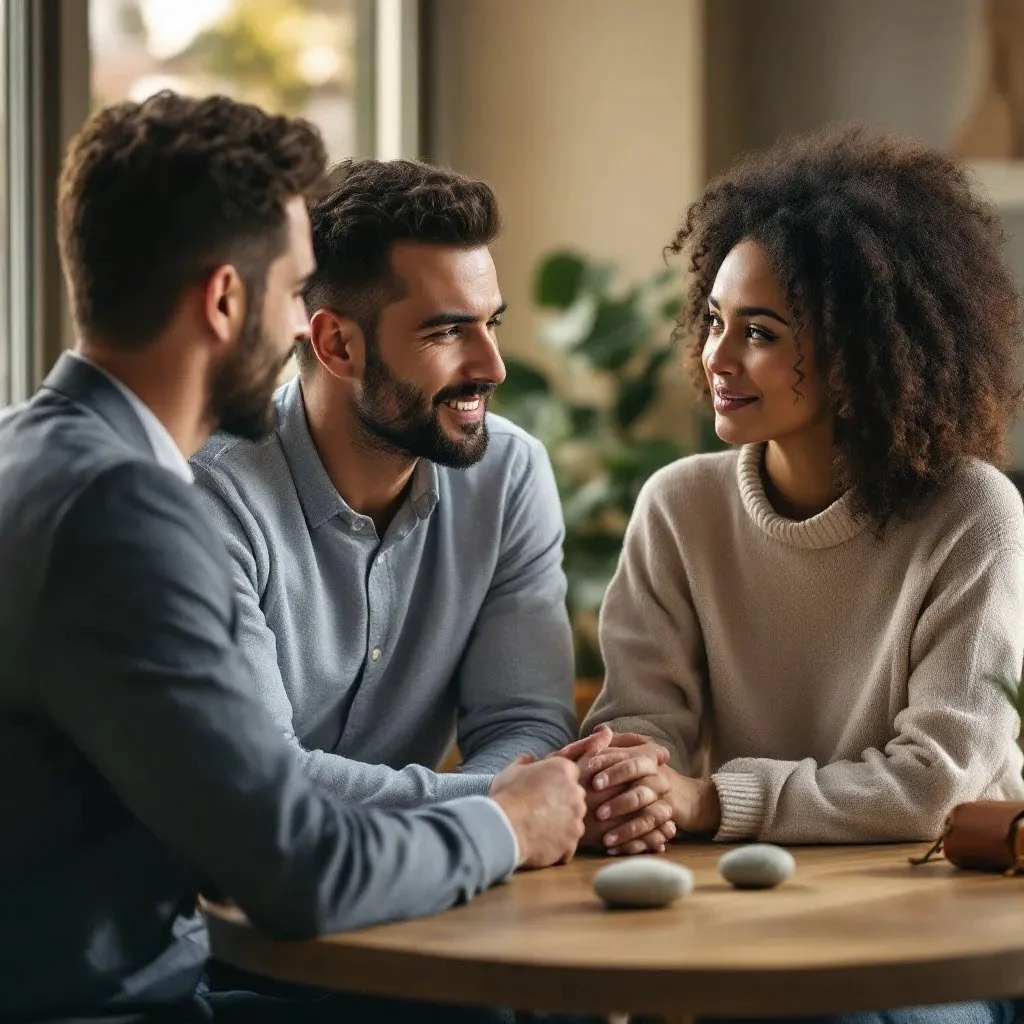 Three people sitting at a table, holding hands, engaged in a conversation, with natural light coming through a window.