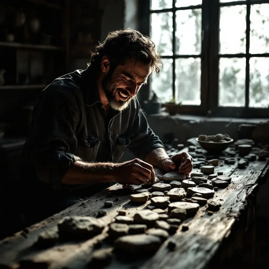 A man with a beard smiling while working with stones on a wooden table inside a rustic workshop with natural light coming through large windows.