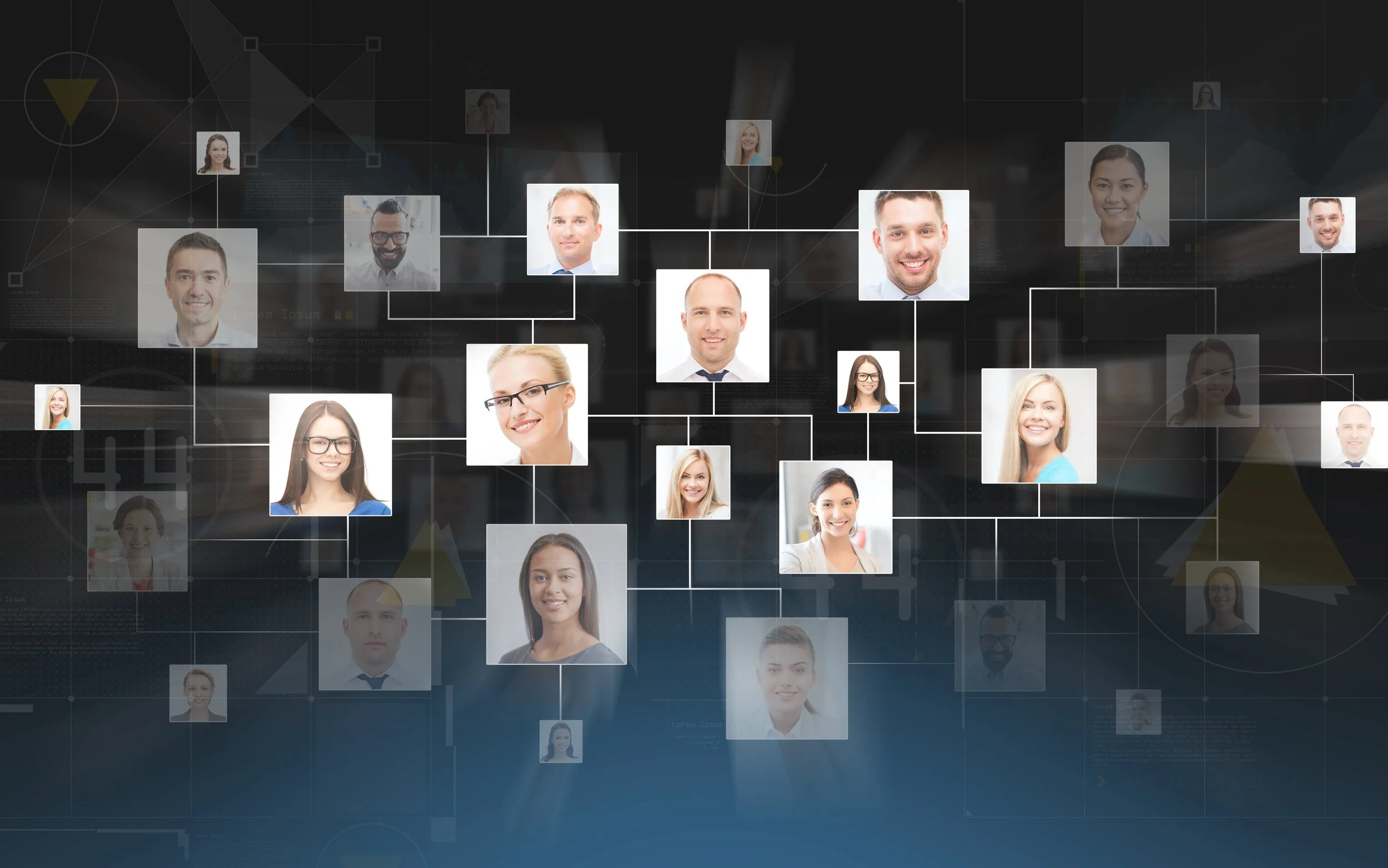 Digital family tree with photos of diverse people connected by lines on a dark background.