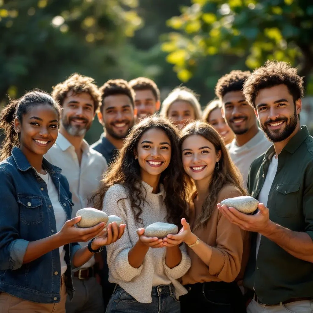 A group of smiling diverse young adults outdoors holding rocks.