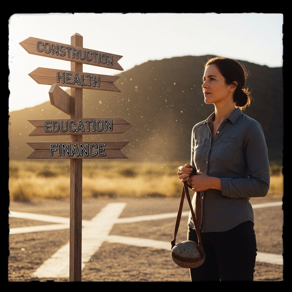 A woman standing outdoors near a directional signpost with signs labeled 'Construction,' 'Health,' 'Education,' and 'Finance,' during sunset.