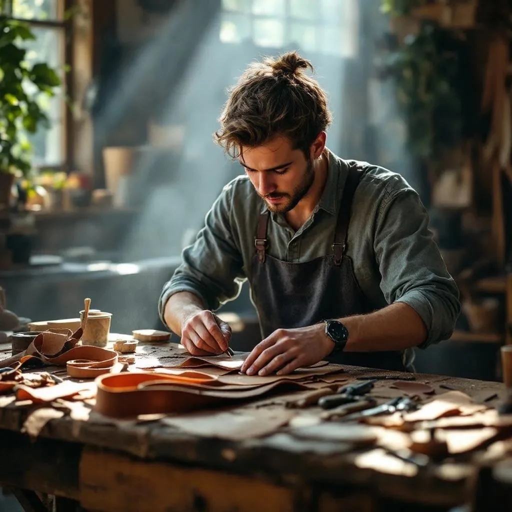 A craftsman working on leather in a sunlit workshop surrounded by tools and leather pieces.
