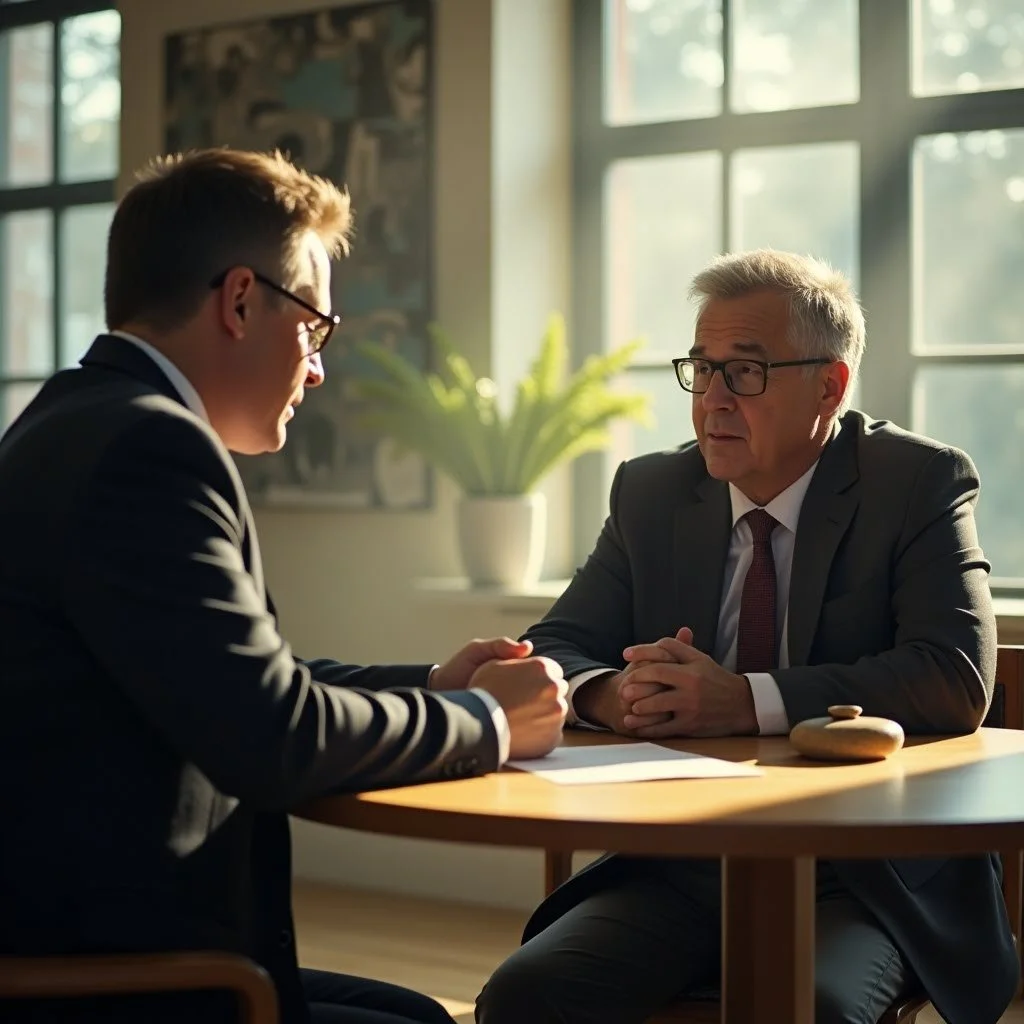 A young man and an older man are sitting at a round wooden table in a well-lit room with large windows. They appear to be having a serious conversation, with the young man looking down and the older man looking at him. There is a potted plant behind them and sunlight streaming through the windows.