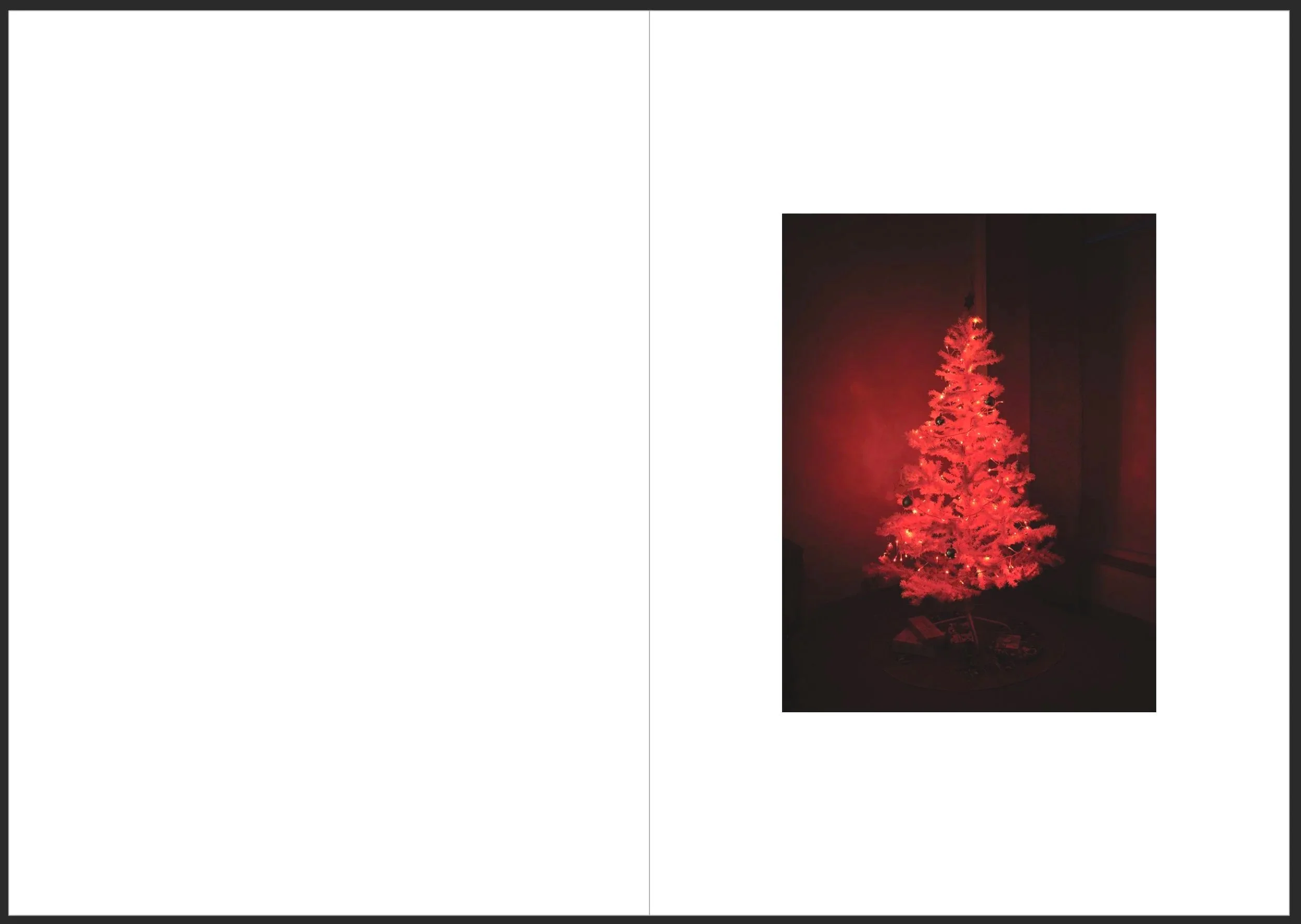 A small Christmas tree decorated with black ornaments and red lights, illuminated in a dark room.