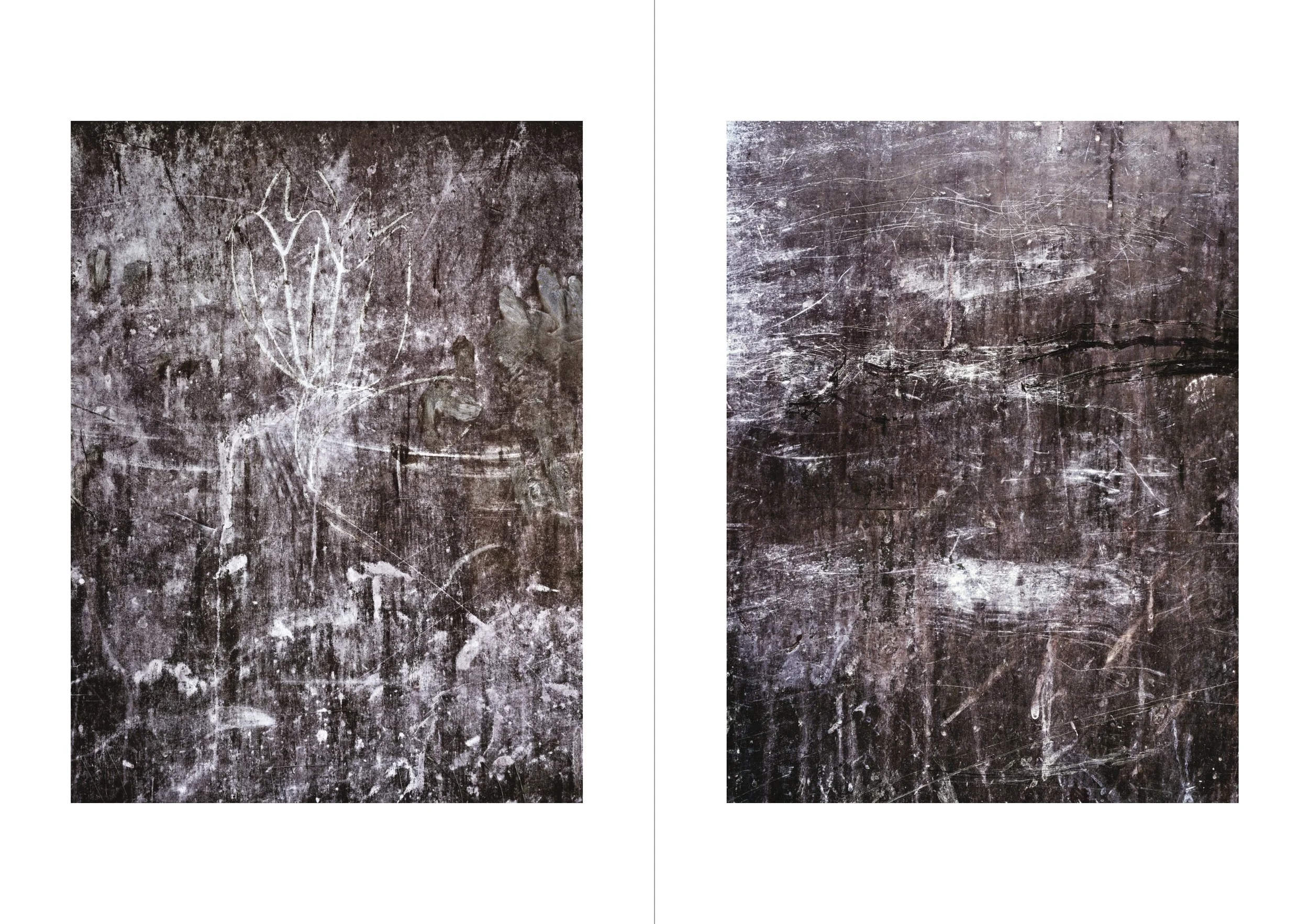 Diptych of two scratched and dirty surfaces, showing more scratches and dirt on the left than the right.