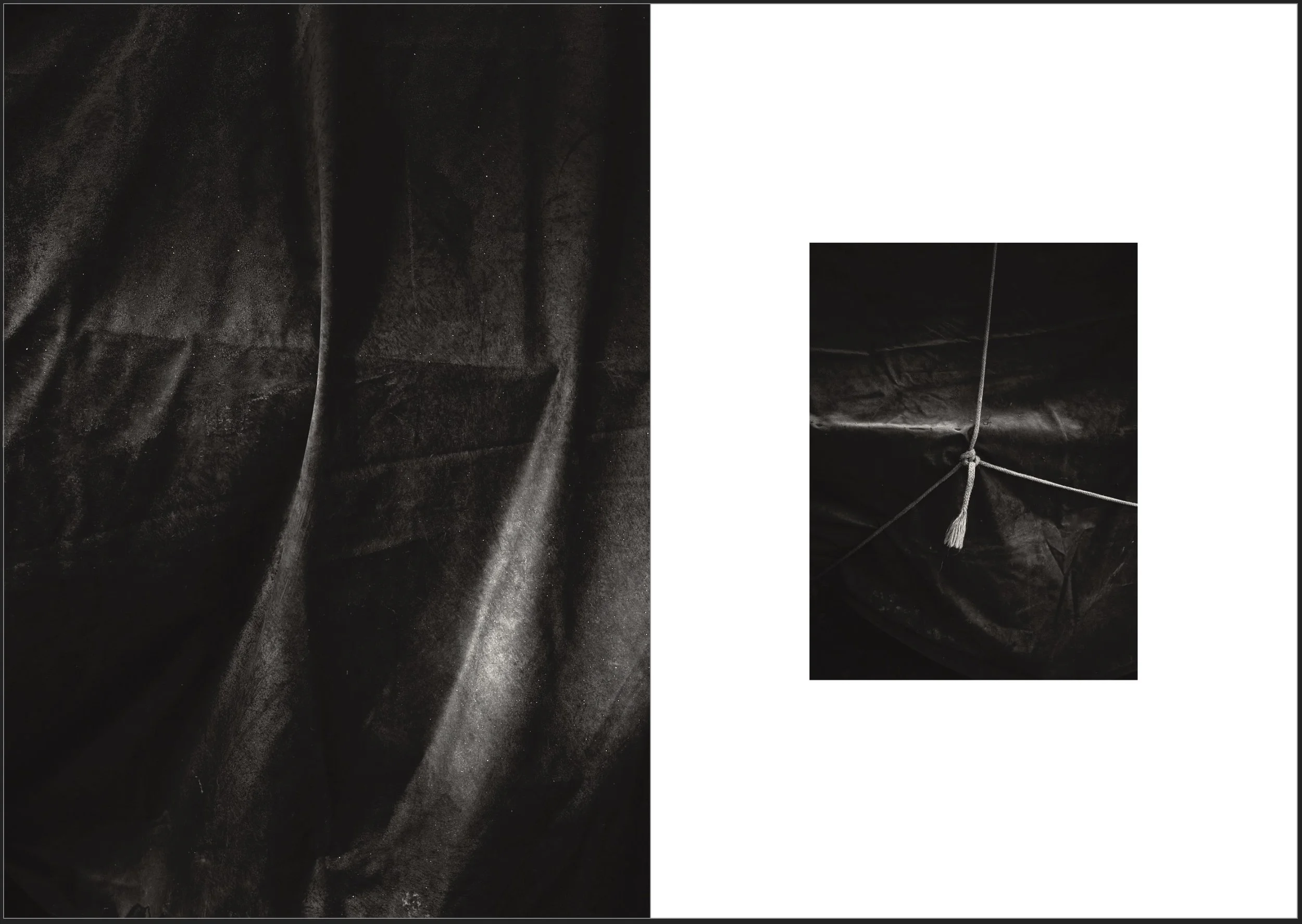 Close-up of black fabric with a shiny, textured surface, showing folds and creases, with a small rectangular section on the right displaying the fabric tied with a string into a knot.