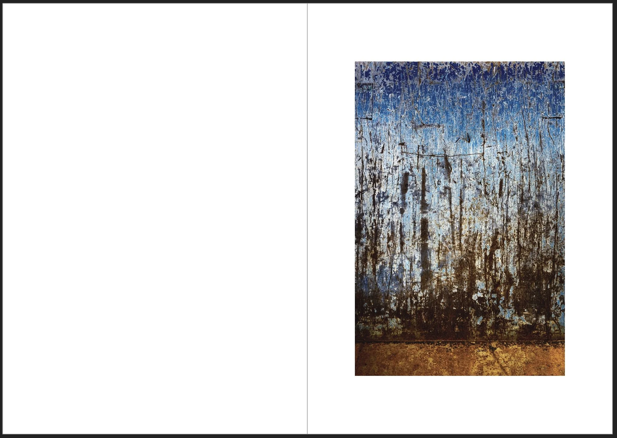 Close-up of a weathered painted metal surface with blue and rusty brown colors, showing peeling and cracking paint.