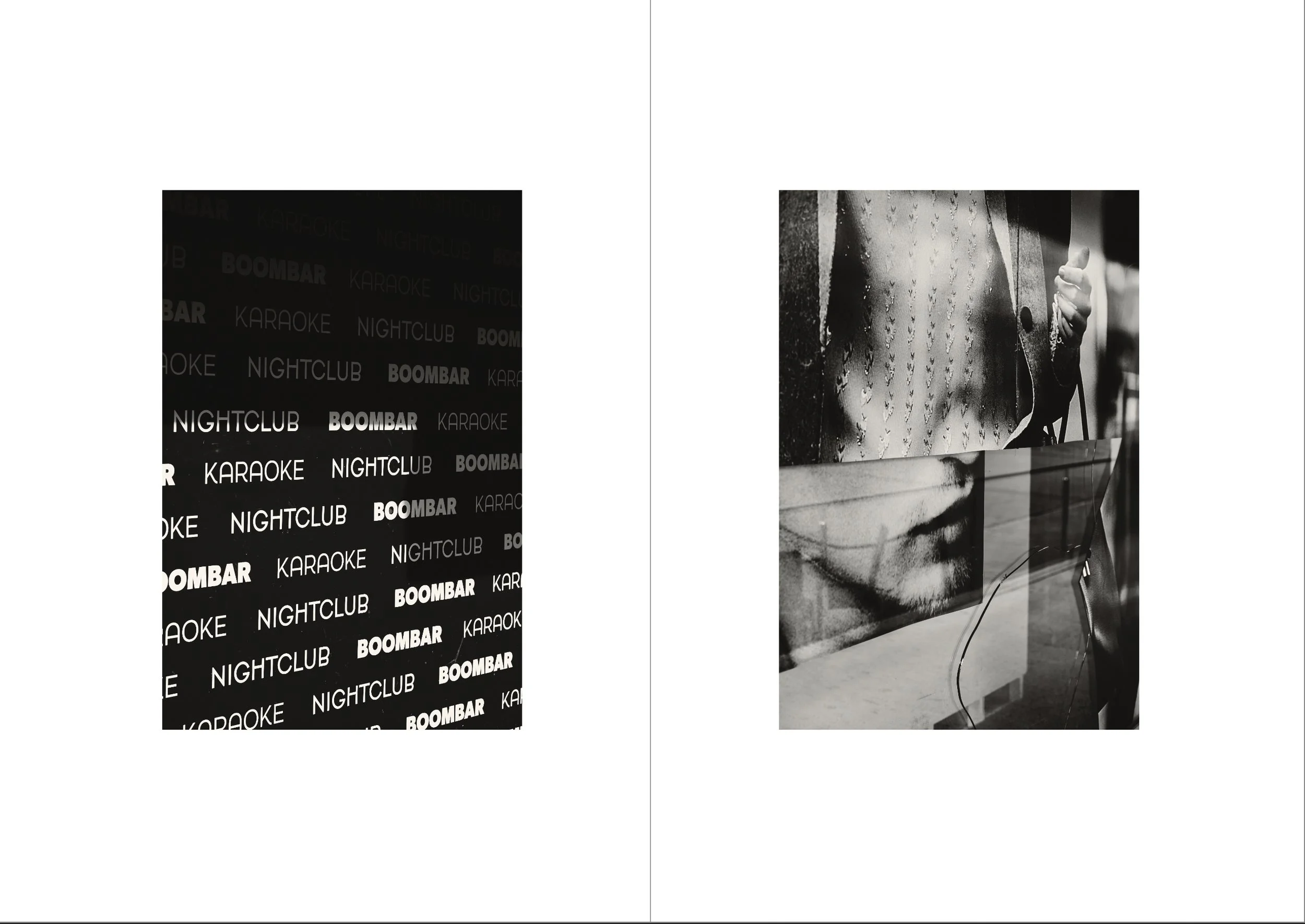 Half of a black poster with white text saying 'NIGHTCLUB BOOMBAR KARAOKE' repeated in a pattern. The other half of the image is a black and white photo of a person brushing a textured wall with water droplets, partially visible behind a board.