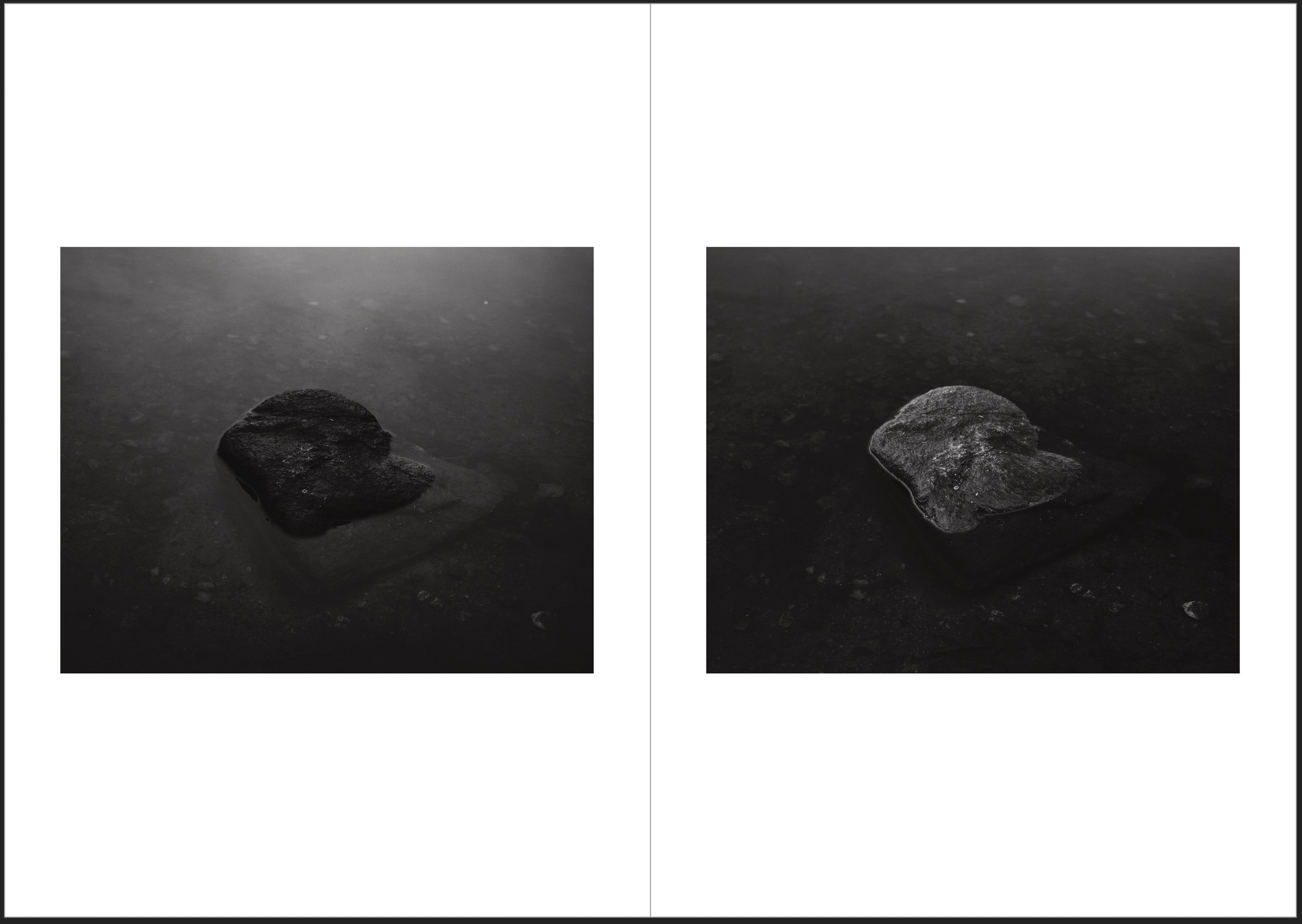 Close-up of a dark, textured object on a flat surface, shown in black and white and varied lighting.