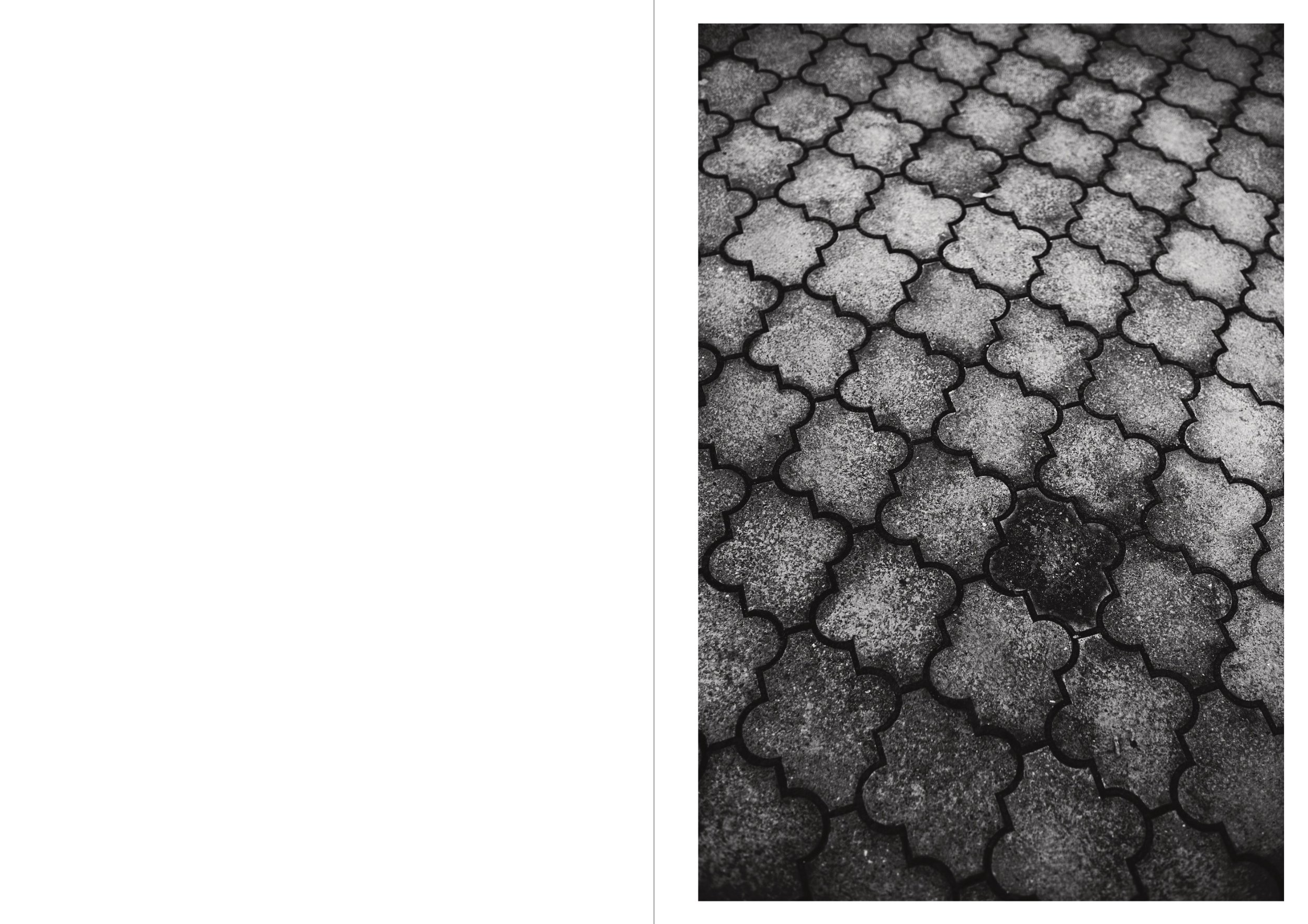 Close-up of black interlocking stone tiles with a somewhat worn and textured surface.