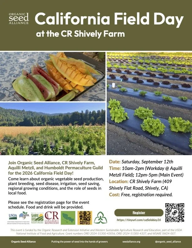 Flier for CA field Day event from the Organic Seed Alliance in Humboldt County