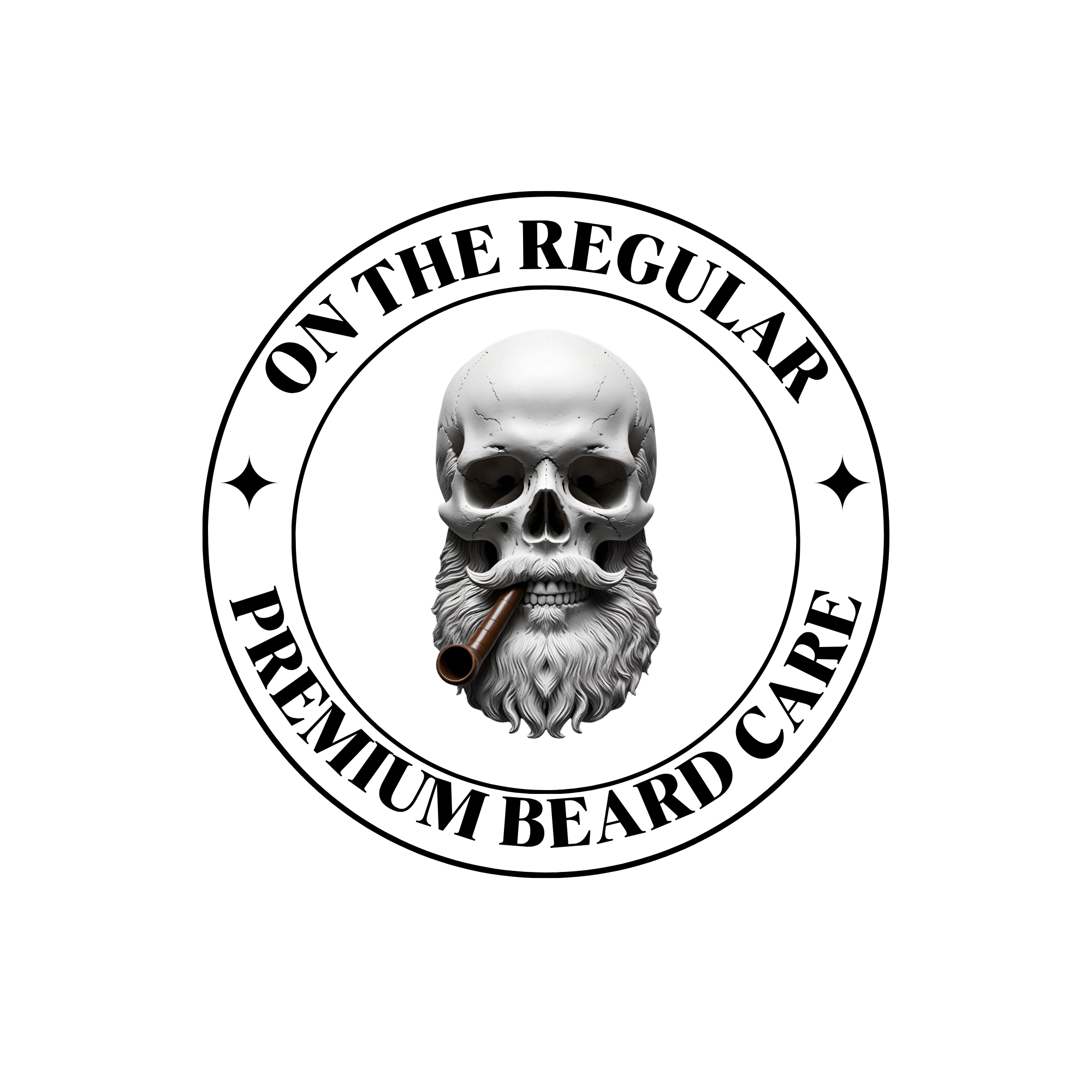 A white human skull with a beard and a cigar in its mouth, surrounded by a circular badge with the words "ON THE REGULAR PREFERRED BEARD".