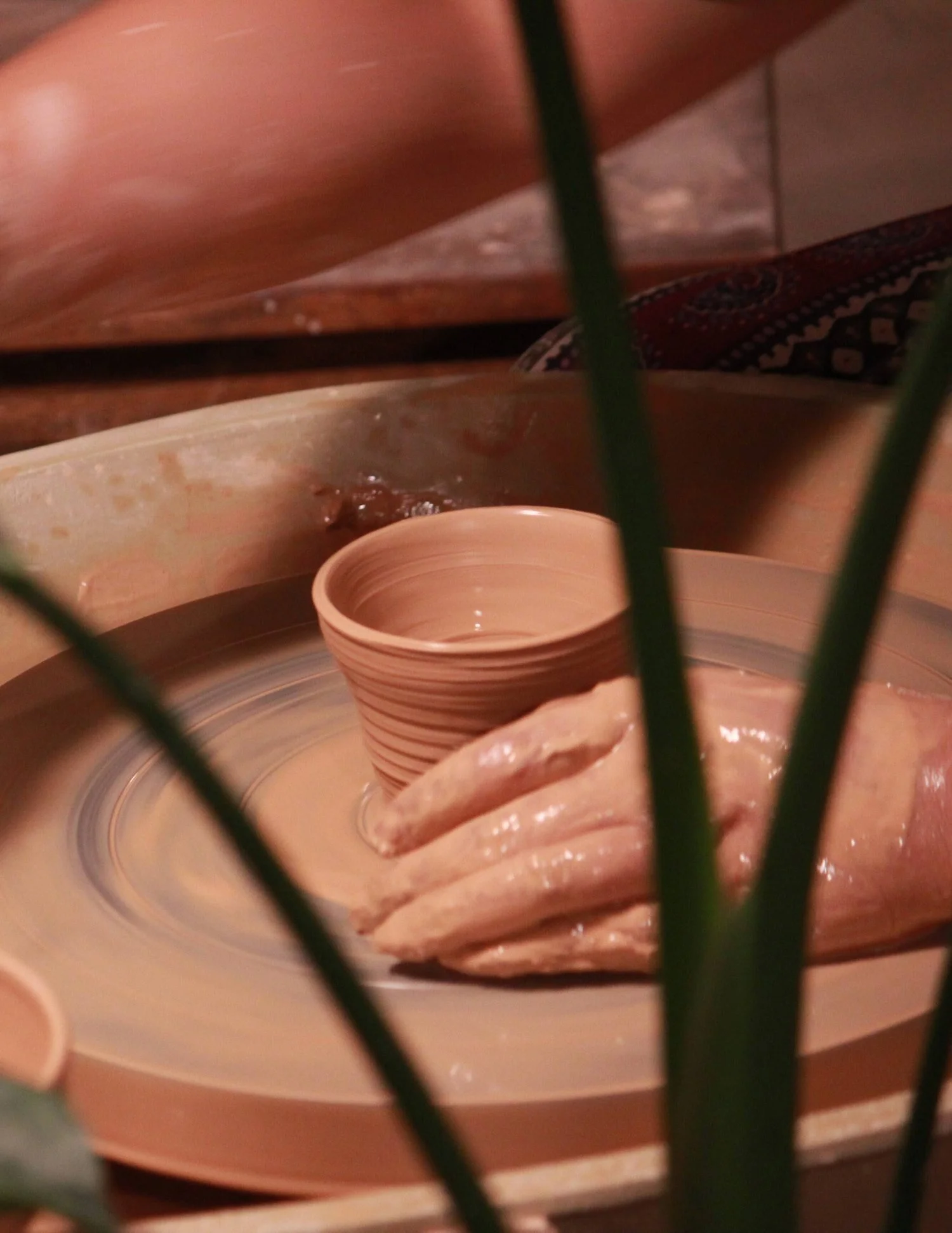 Close-up of a pottery wheel with a clay cup and clay pieces in progress, viewed through green plant leaves.