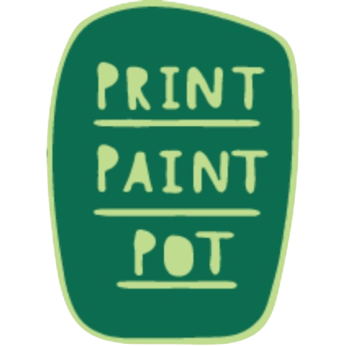 A green sign with the words 'PRINT', 'PAINT', and 'POT' written in light yellow capital letters, divided by lines.