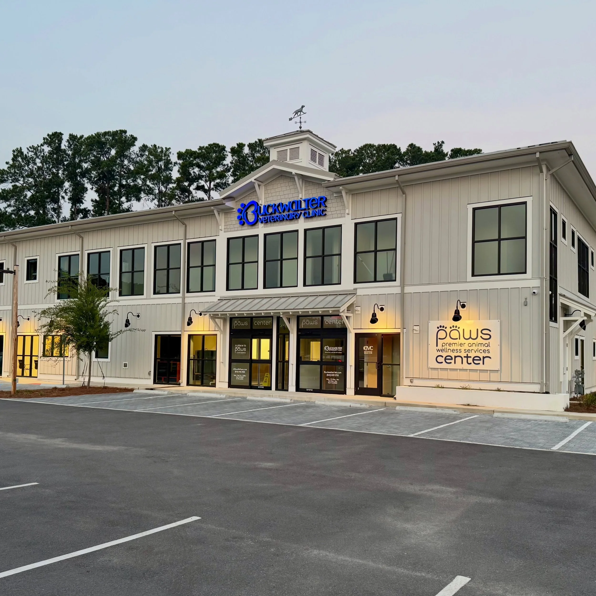 Exterior view of the Buckwalter Veterinary Clinic and PAWS Center with a parking lot in the foreground and trees in the background. The lower level is home to at A Place to Paws Luxury Boarding and Doggy Daycare in Bluffton, South Carolina Lowcountry