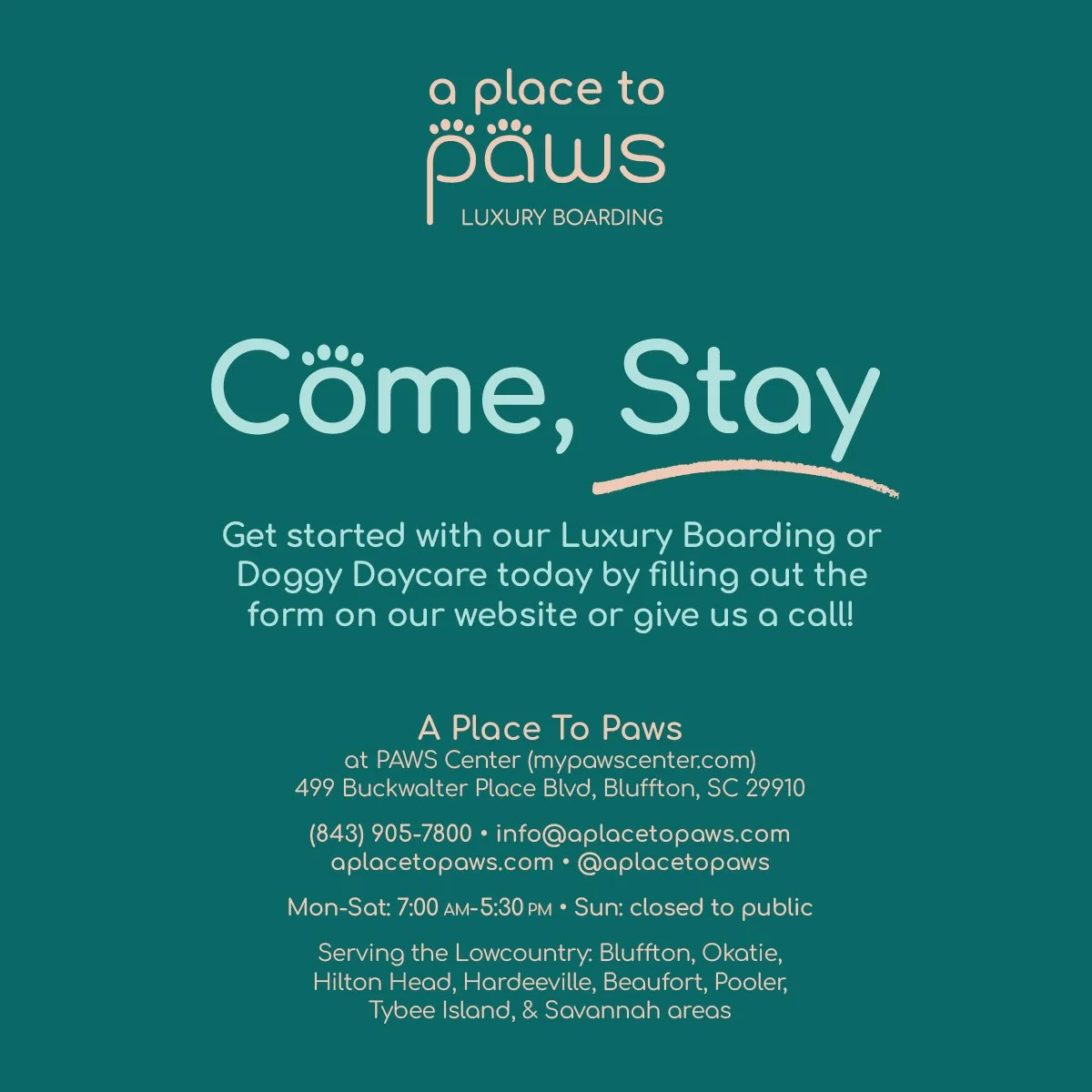 Promotional flyer for A Place to Paws luxury boarding and doggy daycare, providing contact information, address, hours, and service areas. at A Place to Paws Luxury Boarding and Doggy Daycare in Bluffton, South Carolina Lowcountry
