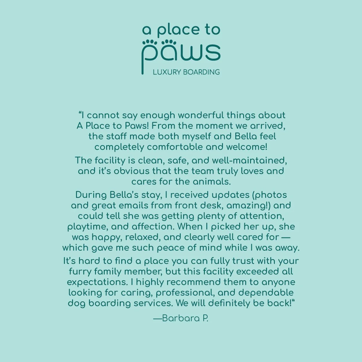 Testimonial letter praising a dog boarding service called A Place to Paws with positive comments on cleanliness, staff care, and customer updates. A Place To Paws Luxury Boarding and Doggy Daycare in Bluffton, South Carolina