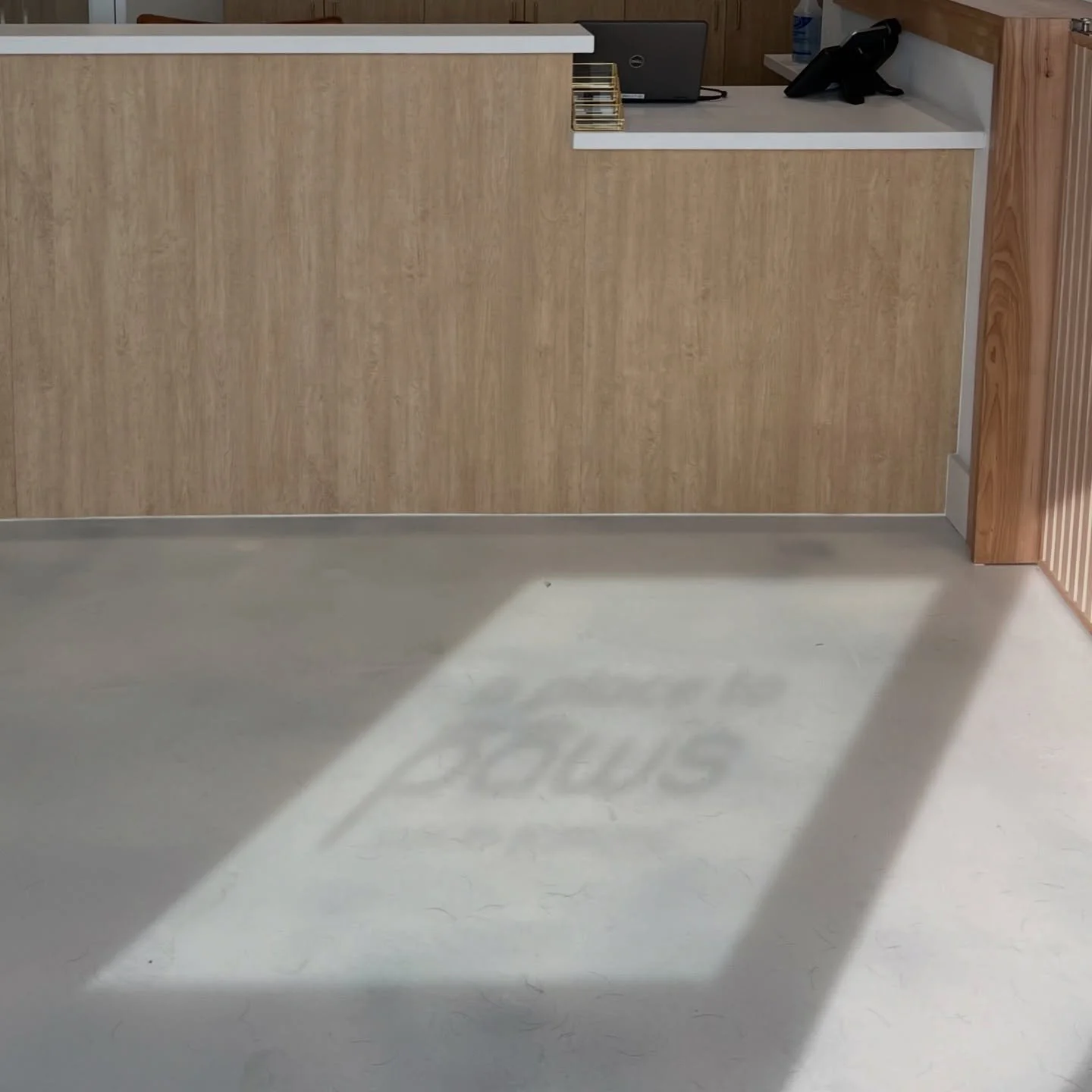 A shadow of a rectangular sign on a light-colored floor with the words "A Place To Paws Luxury Boarding", faintly visible in the shadow. Behind the shadow is a wooden counter with a white top, a black telephone, a computer, and some office supplies.