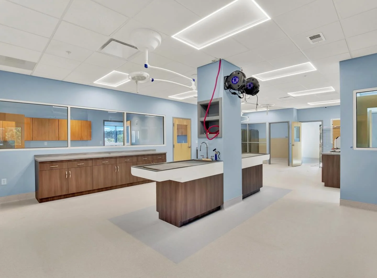 A modern, sterile hospital or laboratory room with light blue walls, wooden cabinets, and a white ceiling with LED strip lights. There are multiple sinks and workspaces, with equipment mounted on the ceiling and on the walls.