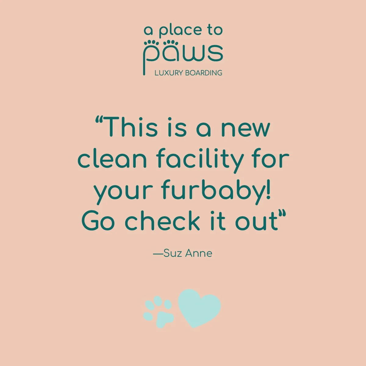 A promotional graphic for a pet grooming facility called "A Place to Paws." It features a quote by Suz Anne that reads, "This is a new clean facility for your furbaby! Go check it out" with a light pink background, teal text, and a small graphic of a