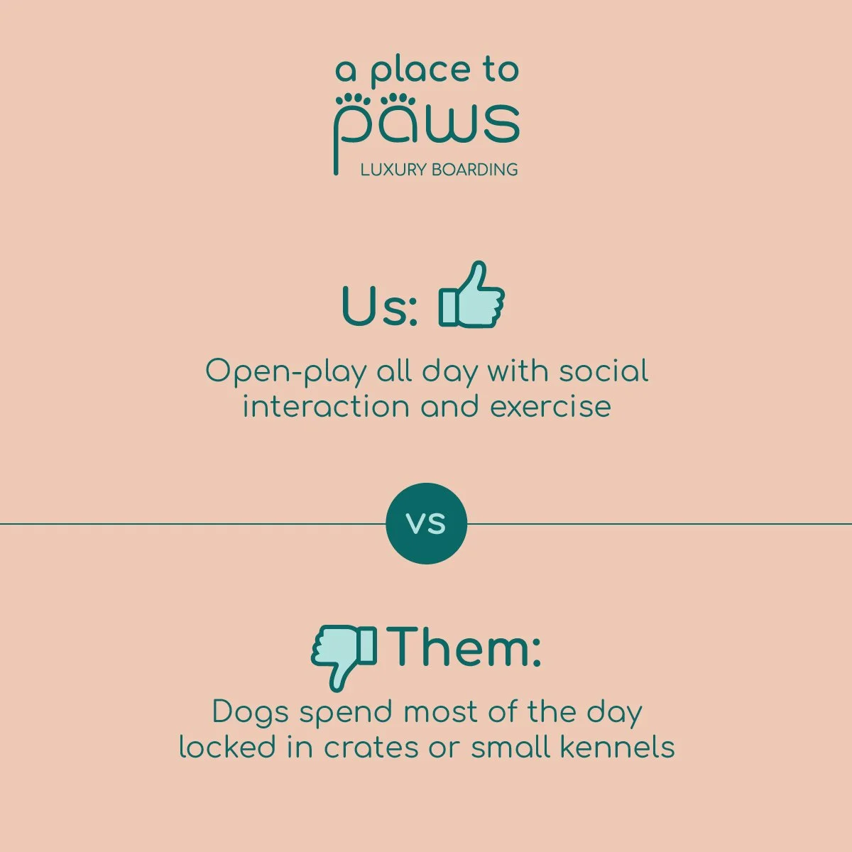 Comparison chart for a place to paws, a luxury dog boarding facility, showing the benefits for dogs with open-play all day with social interaction and exercise versus dogs being mostly locked in crates or small kennels.