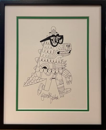Black and white line drawing of a cartoon dog with glasses, a hat, and a suit, holding a briefcase, signed by the artist.