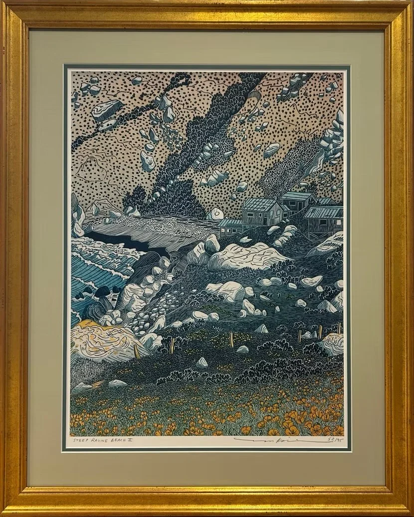 Painting of a seaside landscape with waves crashing, rocks, trees, and small houses, titled 'Steep Ravine Beach II'.