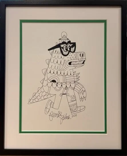 Line drawing of a cartoonish dog wearing glasses, a hat, and sneakers with a green frame.