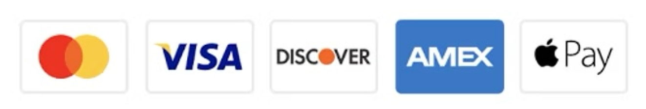 Row of popular digital wallet and credit card logos: Mastercard, Visa, Discover, American Express, and Apple Pay.