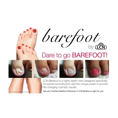 Advertisement for LCN Barefoot nail polish with images of painted toenails in various stages of nail health and repair.