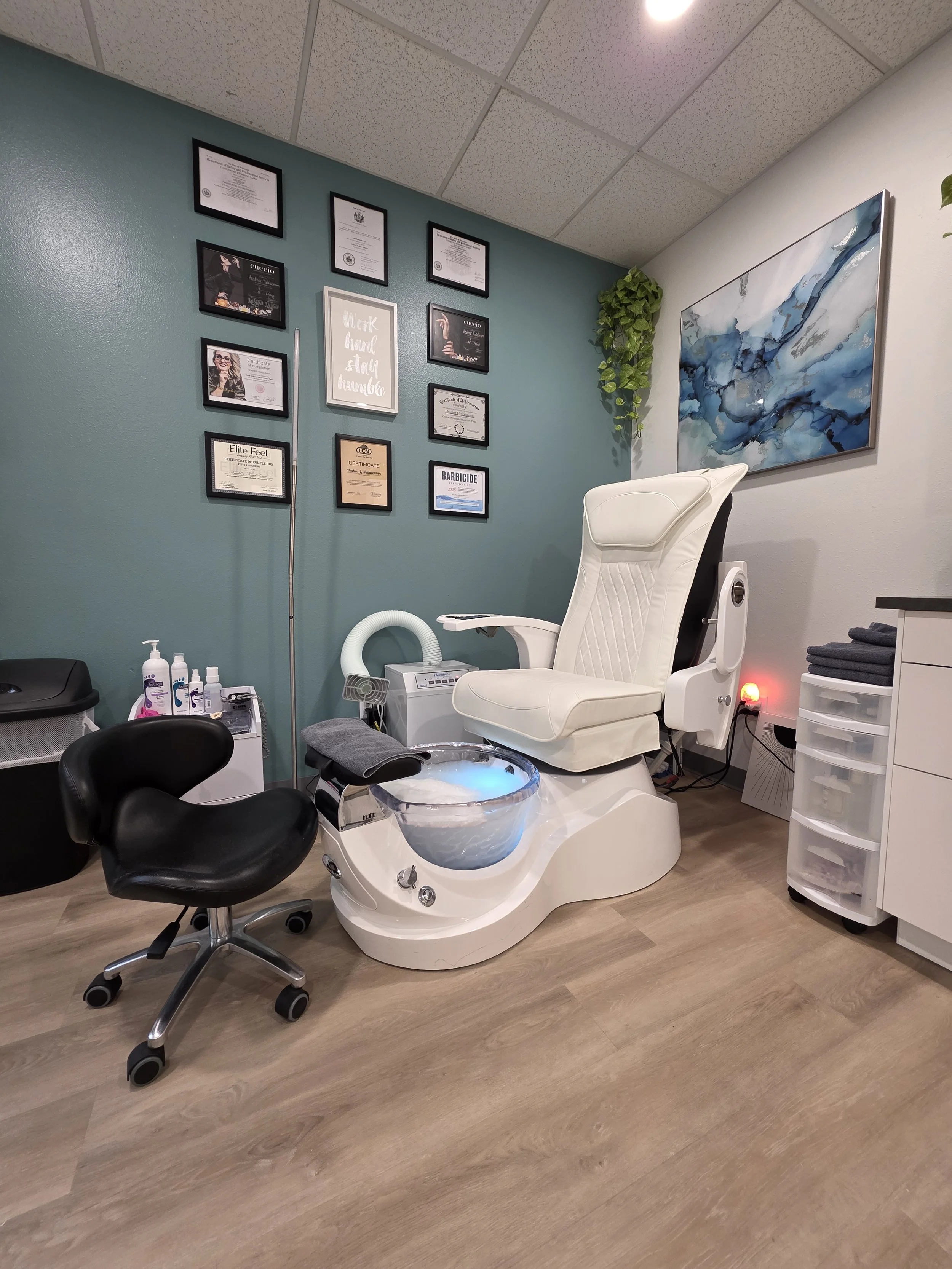 A spa or skincare treatment room with a reclining chair, a smaller black chair, framed certificates on the wall, a potted plant, and various skincare products.