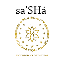 Logo for sa'SHÁ 2024 Beauty Innovation Award, Foot Product of the Year, featuring a stylized flower icon surrounded by stars and text.