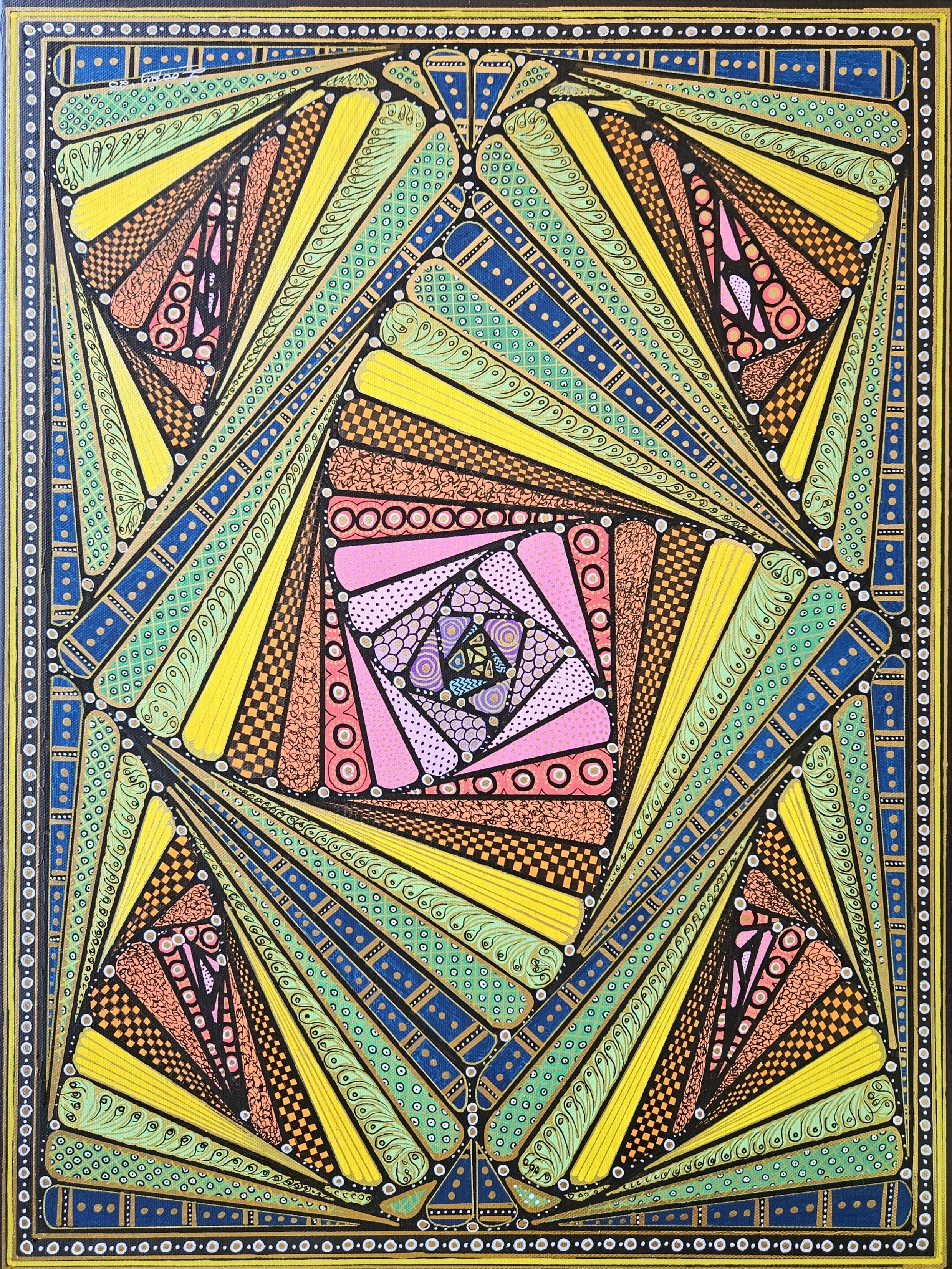 Kaleidoscope
18" x 24" – Acrylic on Canvas
Bursting with vibrant color and rhythmic design, Kaleidoscope is an exploration of balance, repetition, and the quiet joy of symmetry. Created through a meditative process, this abstract work invites the vi