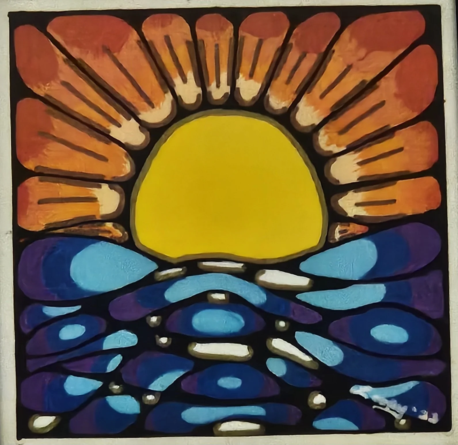 Eastbound
10 x 10 – Acrylic on Canvas
Eastbound presents an abstract interpretation of sunrise, using bold color blocking and rhythmic form to evoke the energy and symbolism of daybreak. The composition centers on a vivid yellow sun framed by dynam