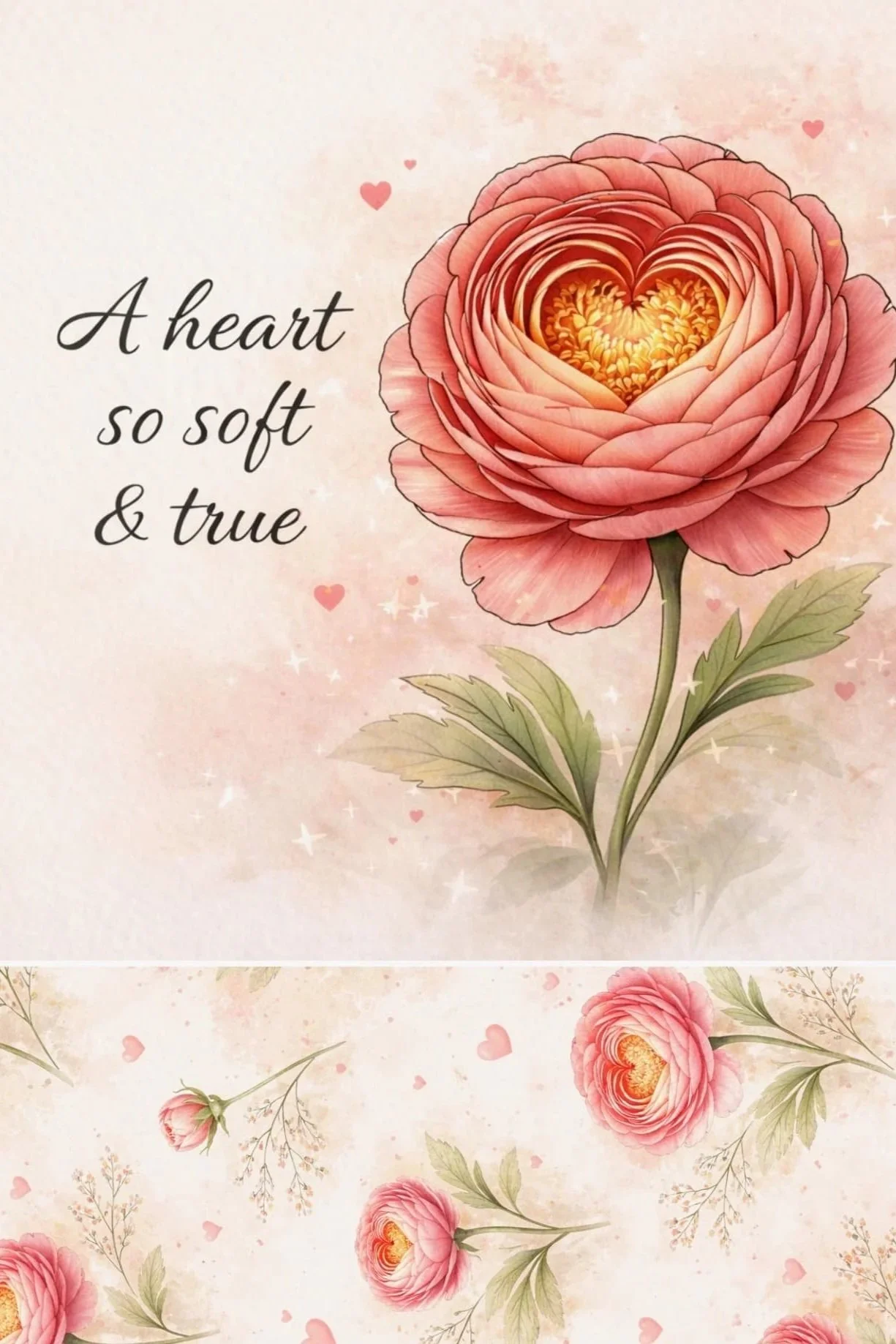 Blush Ranunculus Flat Micro Art Greeting Card Gift featuring a soft pink ranunculus flower with heart details, floral friendship artwork by Scatter Joyfulness Greetings