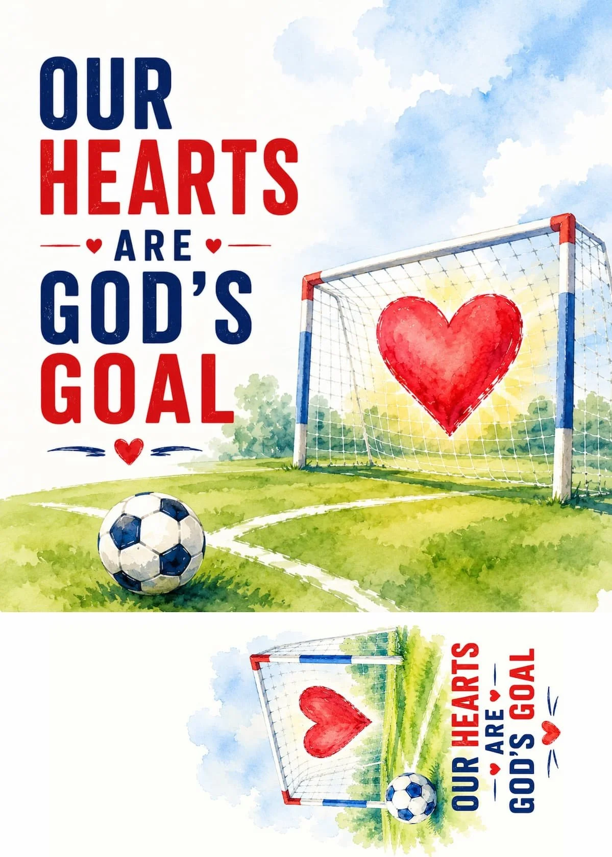 Full God’s Goal soccer thank you card with bold red and blue lettering, soccer ball, goal net, and glowing red heart artwork.