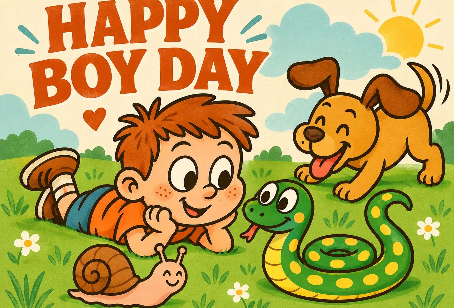 Smiling boy lying in a sunny meadow with a playful dog, green snake and snail beneath the words “Happy Boy Day.”