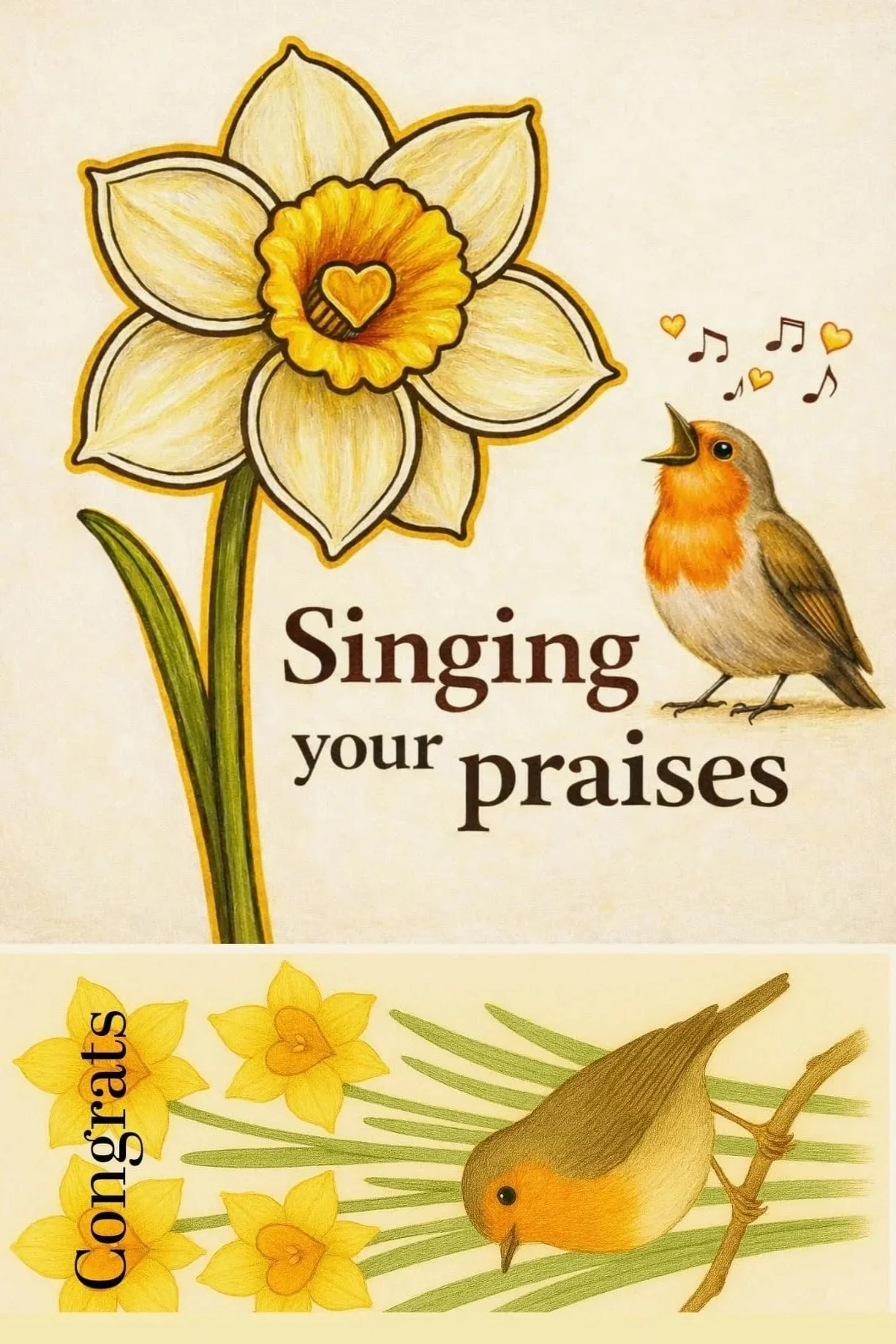 Robin and Daffodil Appreciation Flat Micro Art Greeting Card Gift featuring a singing robin beside a blooming daffodil, appreciation artwork with detachable bookmark by Scatter Joyfulness Greetings