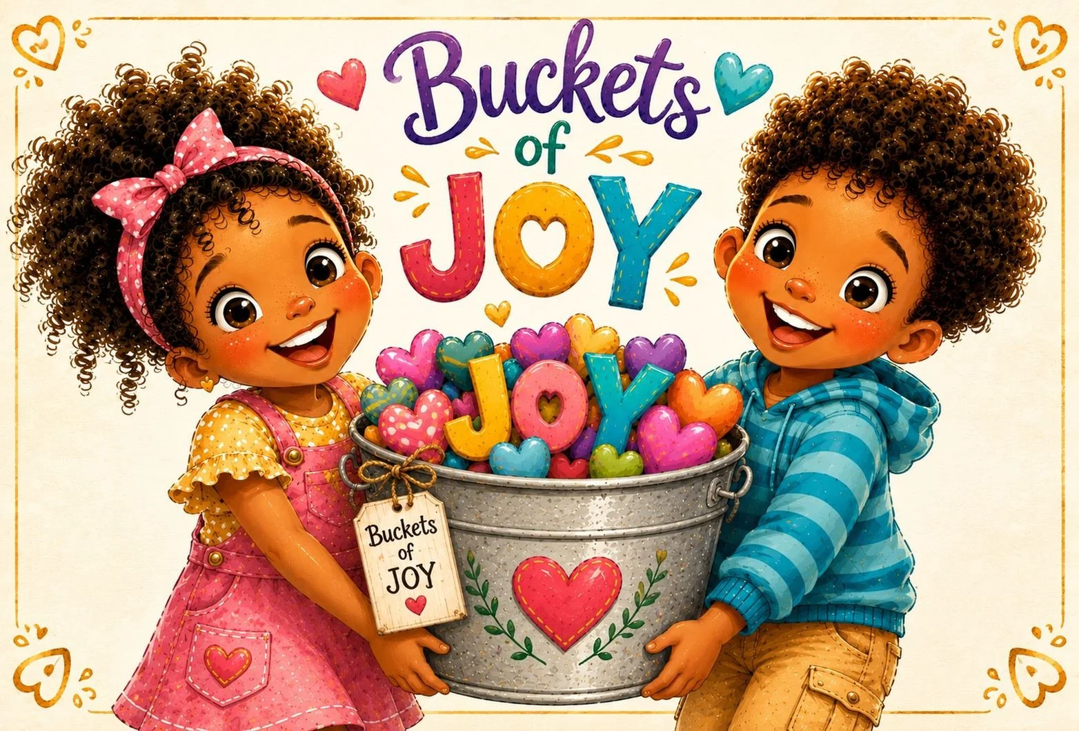 Two smiling children holding a bucket overflowing with colorful hearts and the word “JOY” in a cheerful illustrated postcard design.