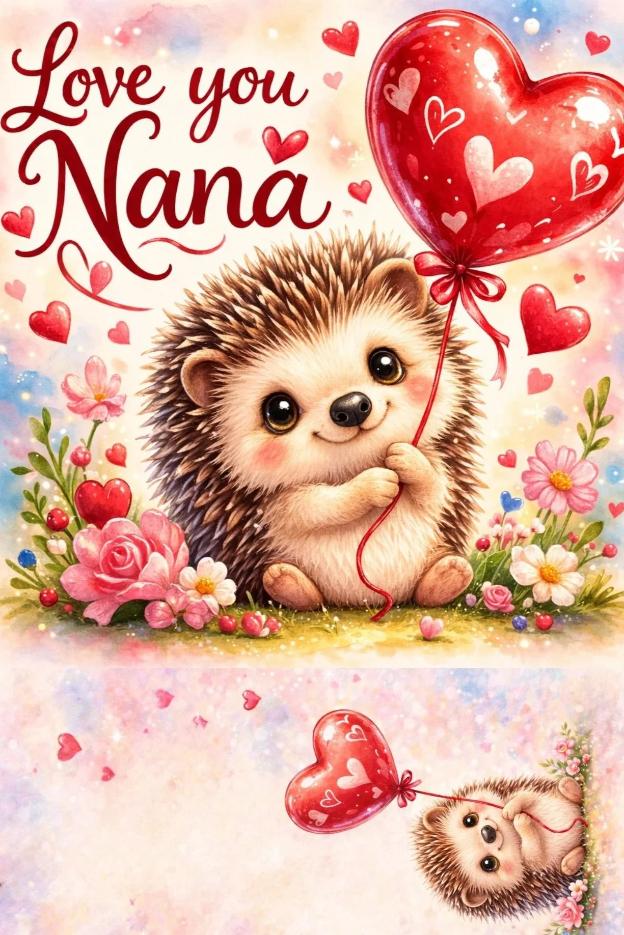 hedgehog surrounded by flowers and hearts thinking of you card for nana