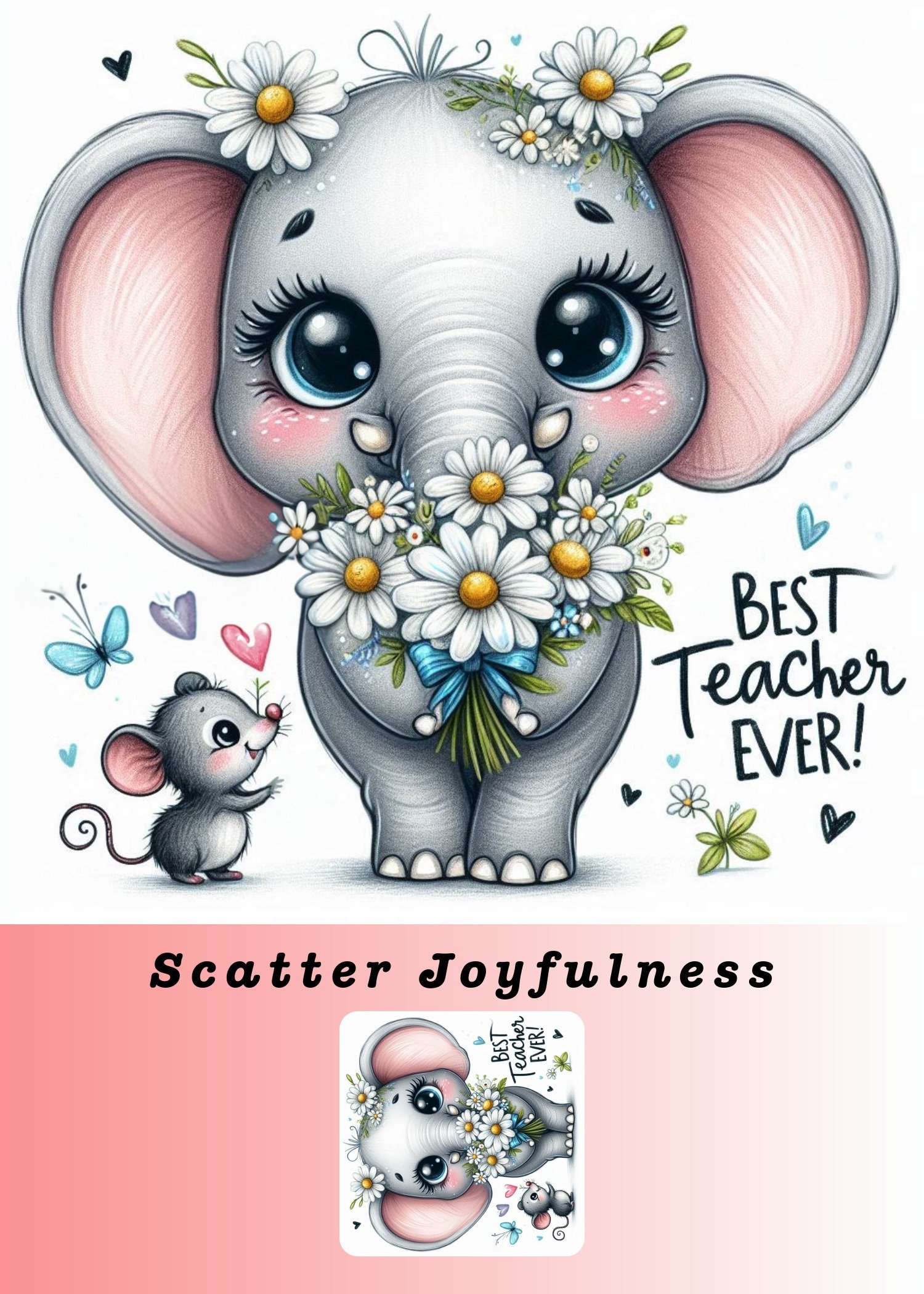 Teacher appreciation greeting card featuring cute illustrated elephant
