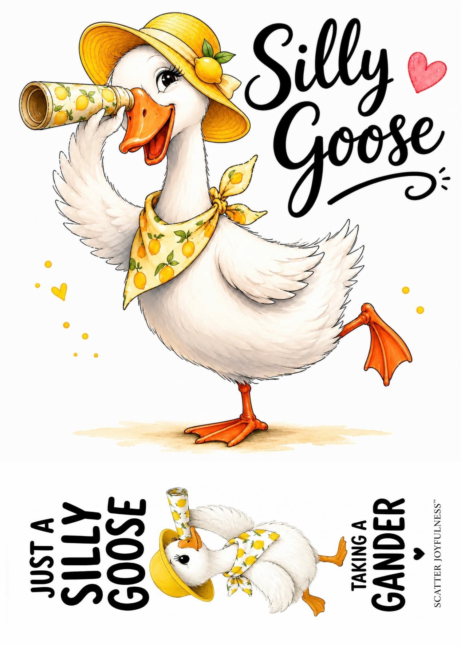 Whimsical silly goose flat micro art greeting card gift featuring a detachable tassel bookmark by Scatter Joyfulness Greetings