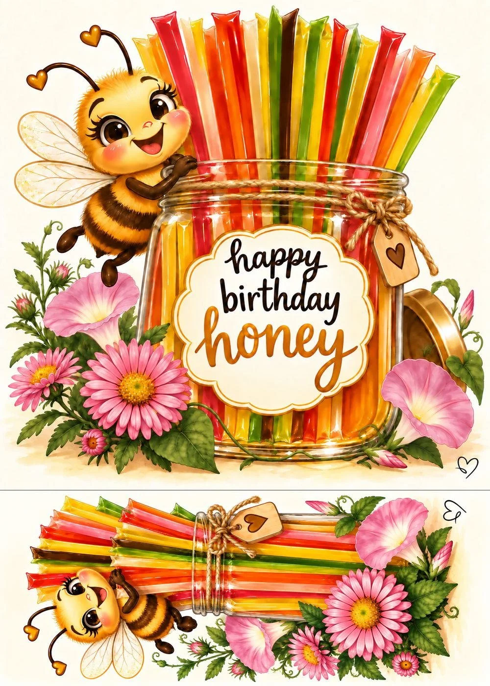 Front of the Happy Birthday Honey Micro-Art Greeting Card with a cheerful bee, colorful honey sticks, flowers, birthday lettering and coordinating detachable bookmark.