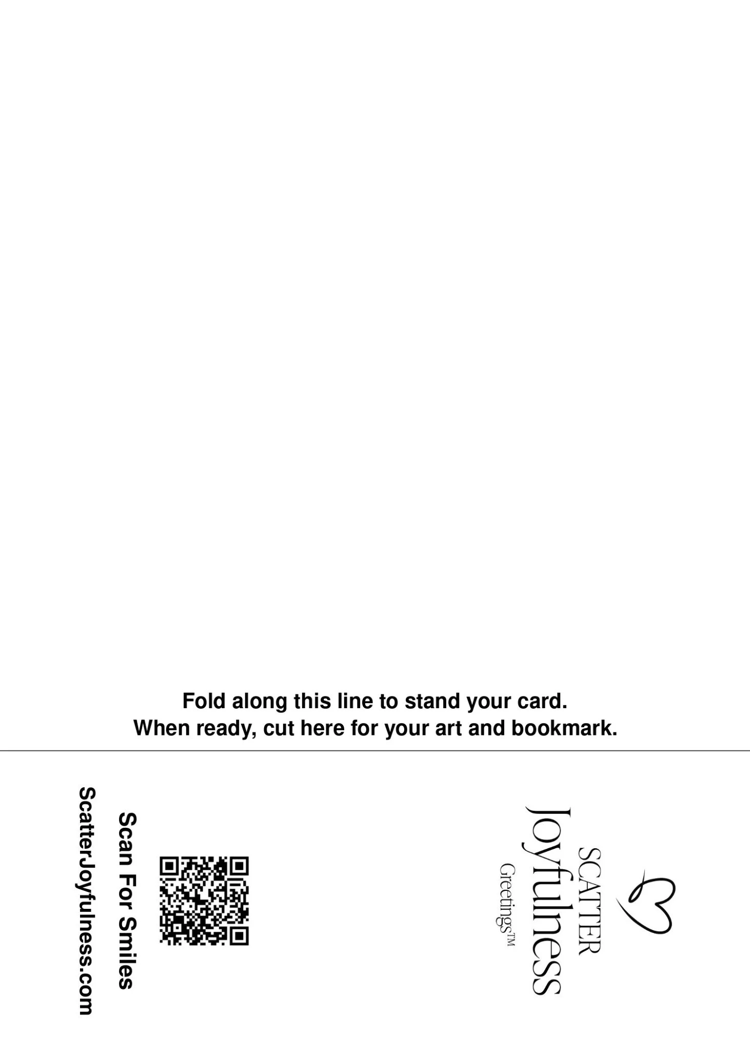 Back of the Peacock Thank You Scatter Joyfulness micro-art greeting card with writing space, fold and cut guide, QR code, and brand details.