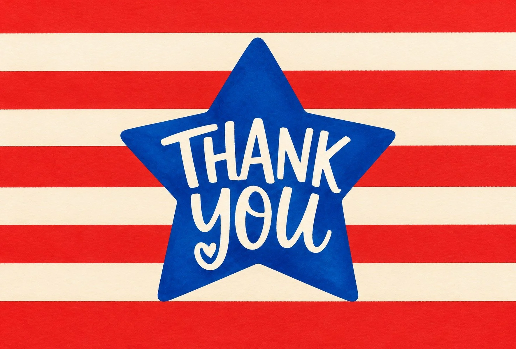 Red, white and blue thank-you postcard with bold stripes and a large blue star in a patriotic design.