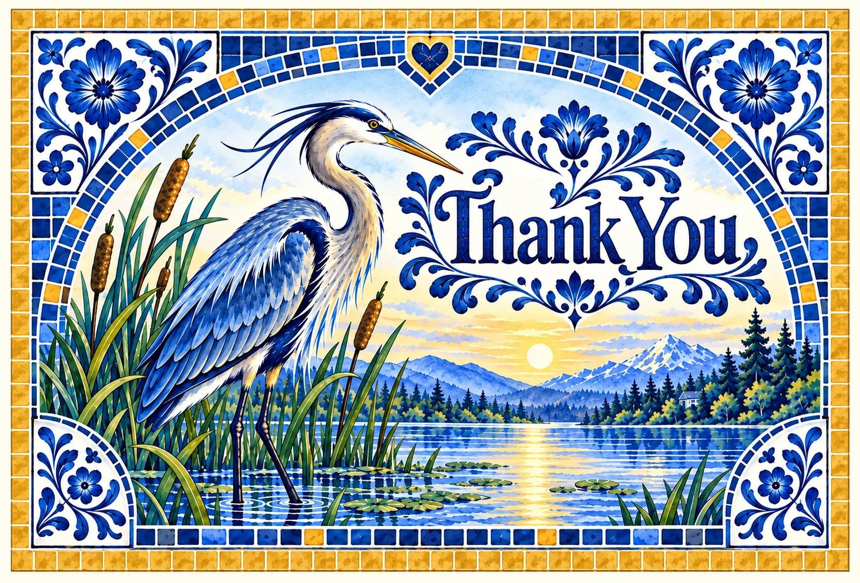 Delft blue heron thank you postcard featuring a blue heron beside a mountain lake at sunset, decorative floral mosaics, a golden tile border, and a blue heart.